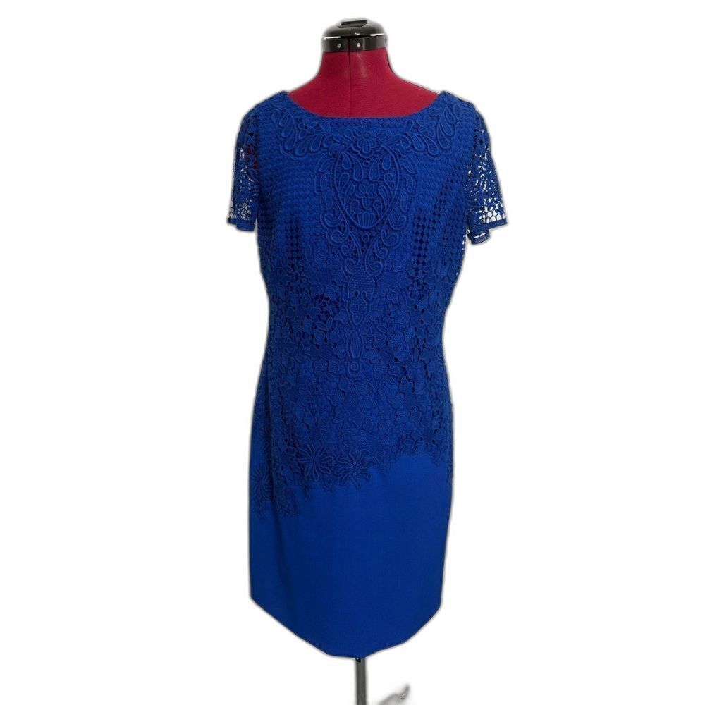 Antonio Melani Sheath Dress Women's Size 6 Royal Blue Lace Accents Short Sleeves